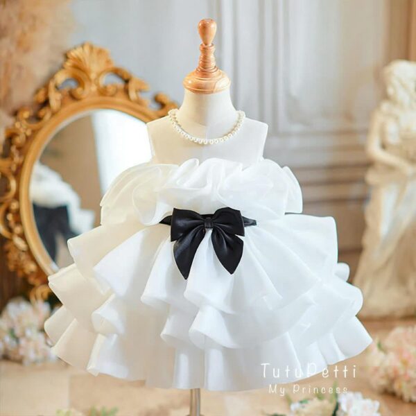 Girls' Premium White Princess Dress with Black Bow