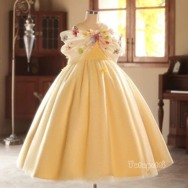 The Premium Yellow Cinderella Princess Dress with Floral Embellishments - Image 3